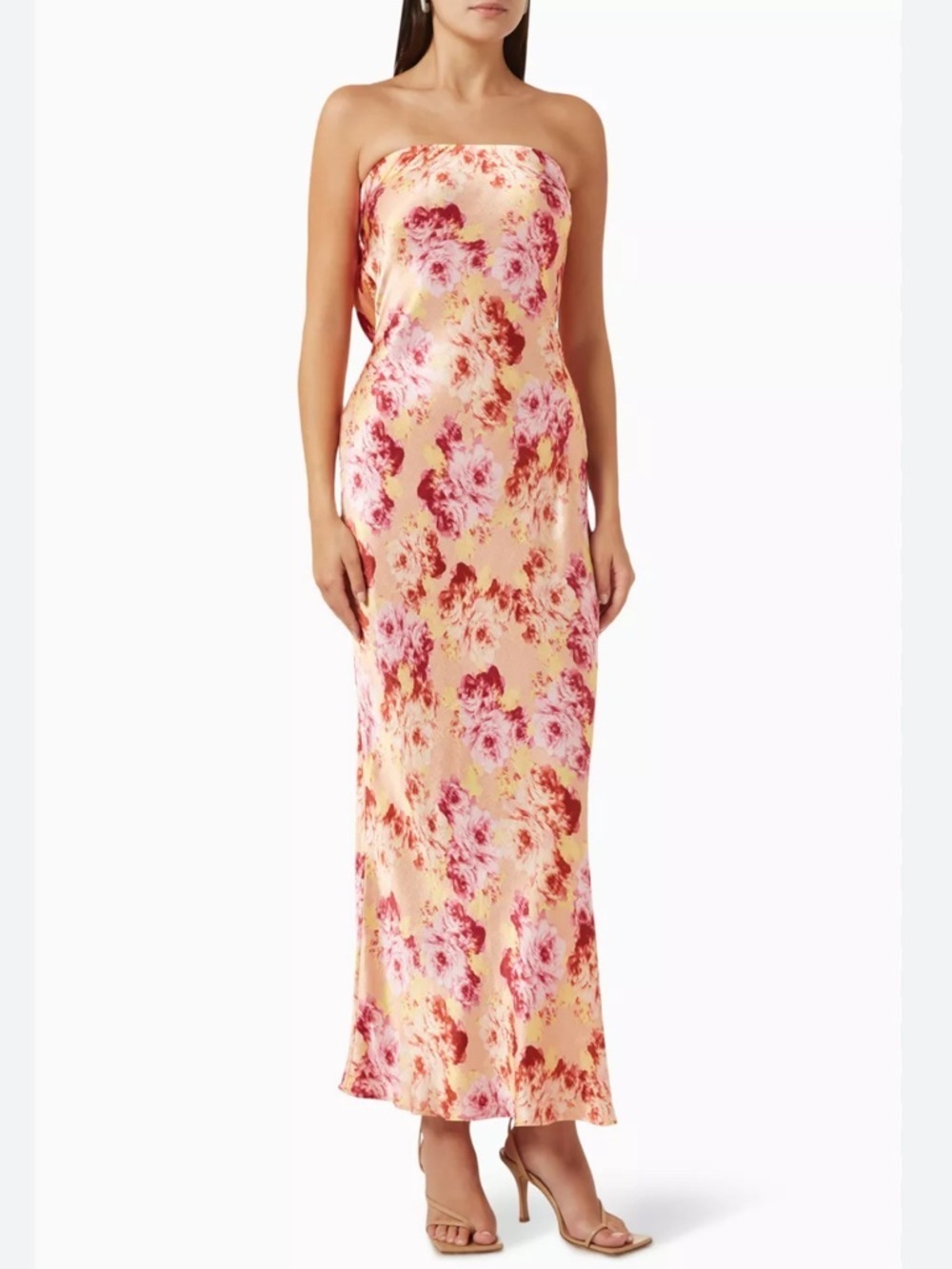 Bec & Bridge Moondance Strapless Maxi Dress in Satin Orange Pink Floral Size 8